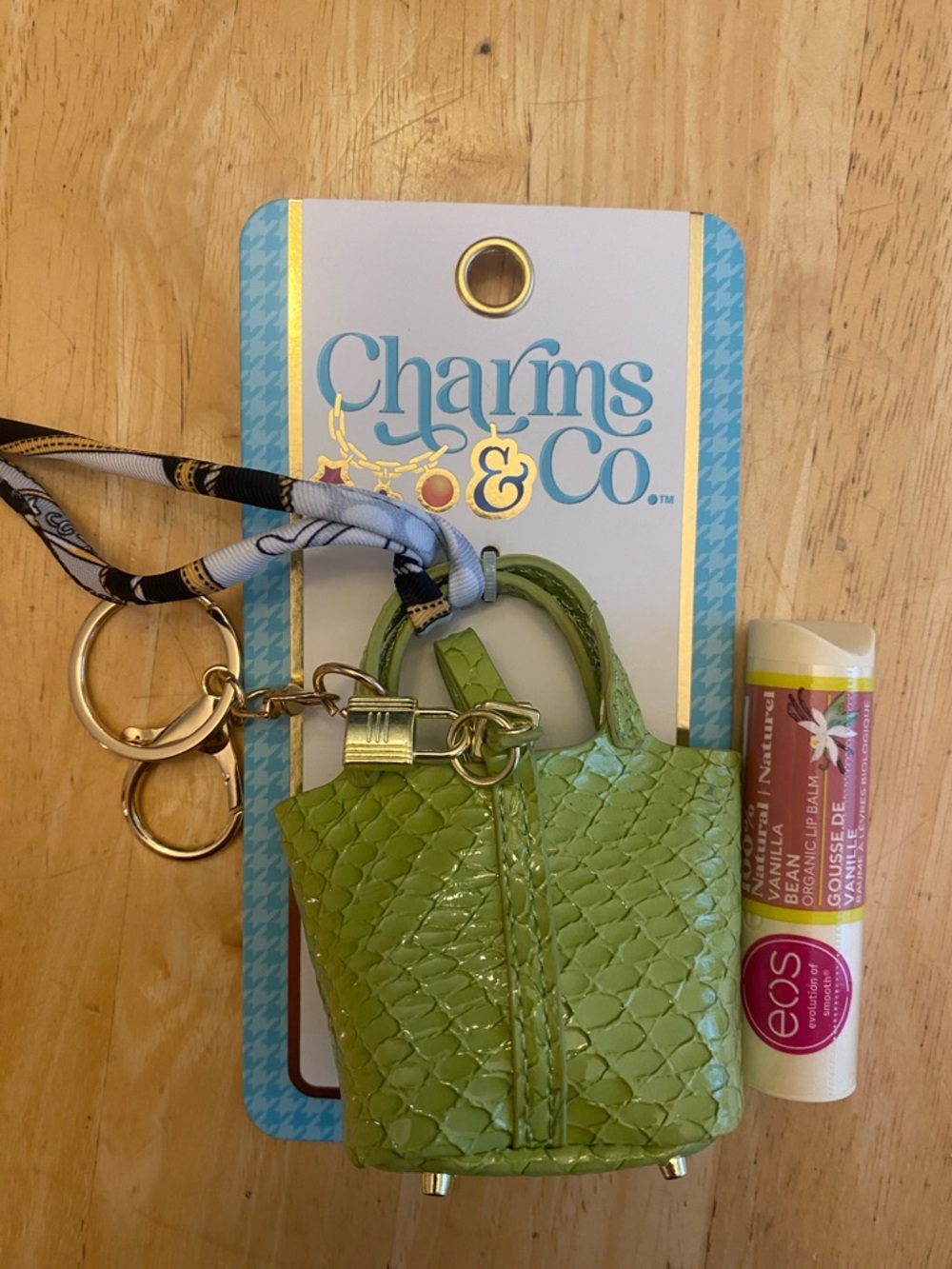Bundle - faux leather tote Bag purse charm Keychain & eos lip balm NWT